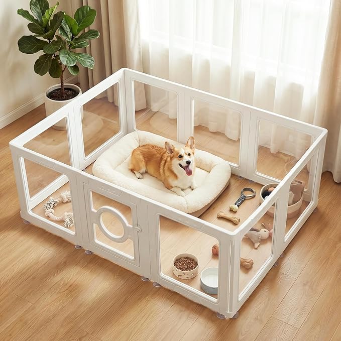 JEKO&JEKO Clear Acrylic Dog Playpen Indoor, Transparent Pet Play Pen for Puppies, Small Dogs, Cats & Rabbits, Easy Assemble Plastic Dog Fence, Easy to Clean (White, 10 Panels)