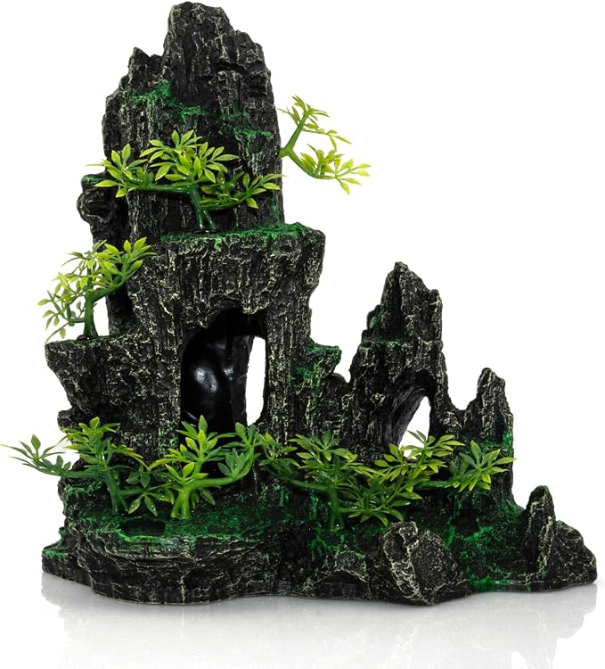 Aquarium Mountain View Stone Ornament, Large Resin Hideout Cave for Betta & Shrimp, Fish Tank Decor Rock Cave with Fish Cave and Hideouts (10.63" x 6.30" x 10.24")