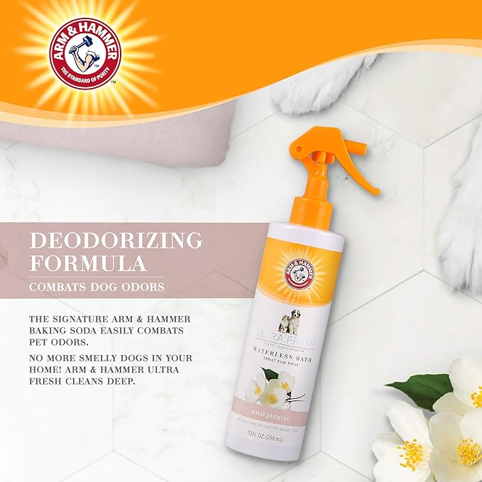 Arm & Hammer Ultra Fresh Waterless Dog Bath Spray, Baking Soda Deodorizer No-Rinse Dry Dog Shampoo for Between-Bath Odor Control and Coat Freshening, White Jasmine Scent, 10 Fl Oz
