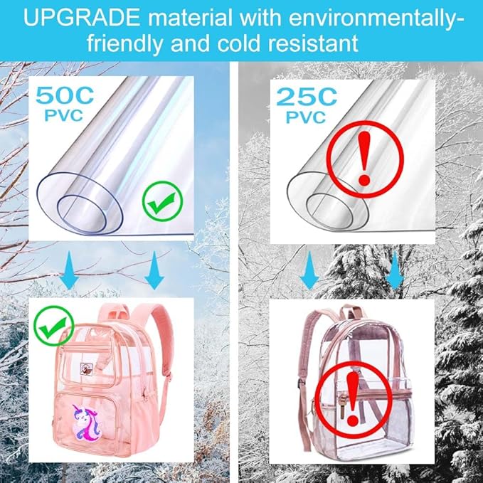 3PCS Clear Backpack for Girls, Kids Unicorn Transparent Backpack with Heavy Duty PVC, See Through Backpacks with Lunch Bag-Pink