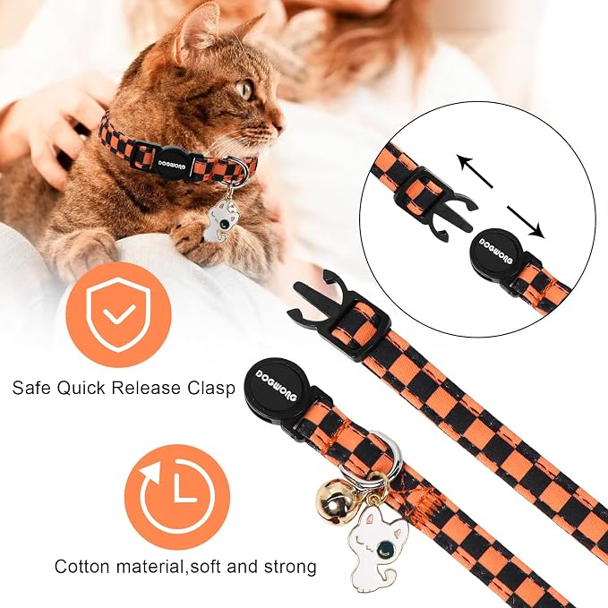 2 Pack Fall Cat Collars Breakaway with Bell, DOGWONG Safety Buckle Orange Plaid Halloween Cute Cat Collar for Girl Boy Cats，Adjustable 7-12 Inch