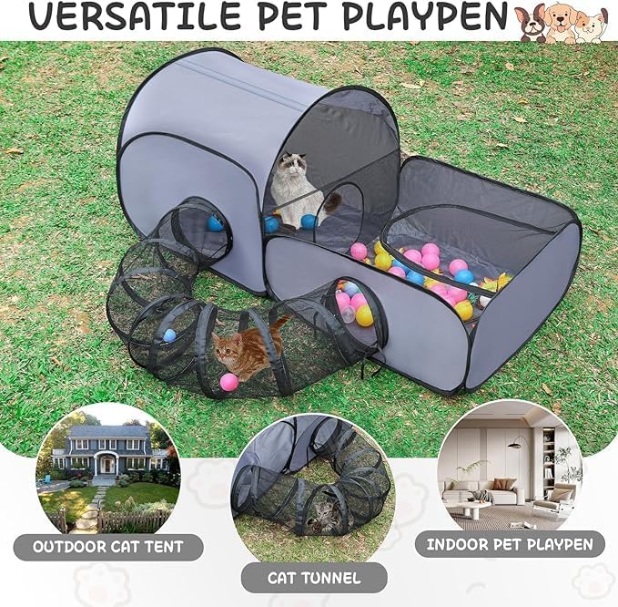 Tailtastic Dog Playpen with Surround Tunnel, Outdoor/Indoor Cat Playpen with Breathable Soft Sides，Tailtastic Cat Enclosure Tent for Small Animals, Portable Cat Tent with Carry Bag (Large)