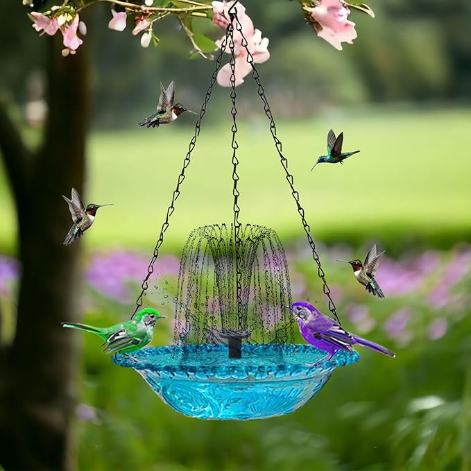 2026 New Cascade Hanging Bird Bath Fountain, Metal Solar Powered Birdbath with Water Pump for Outdoor Garden Decor, Humming Birds Baths Fountains (Blue)