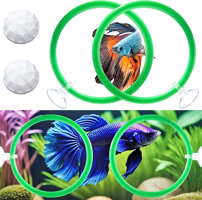 Betta Fish Toys - 4 Training Rings & 2 Bio Filter Balls, Beta Exercise Loop Toys and Nitrifying Balls Set, Betta Fish Tank Accessories Feeding Ring for Small Tank Decor Aquarium Water Conditioner