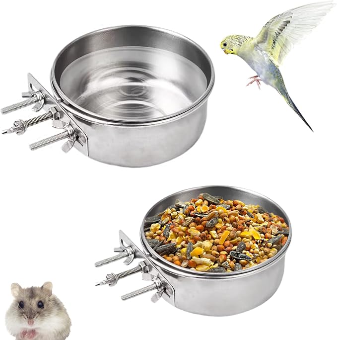 Stainless Steel Pet Crate Bowls, 2-Pack Rabbit Food Water Bowls No Spill Removable Hanging Parrot Feeding Cups Kennel Feeder Coop Cup for Small Medium Pets Birds Bunnies Cats Dogs (S+M)