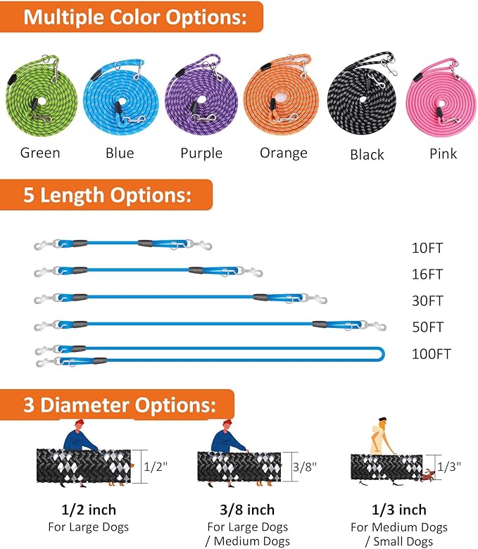 Long Dog Leash for Dog Training 20FT, Heavy Duty Dog Lead for Large Medium Small Dogs Outside Walking, Playing, Camping, or Yard, Blue