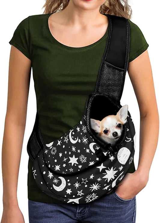 FUSURIRE Moon Star Printed Pet Sling Carrier for Small Dogs and Cats, Black White Puppy Carrier Front Backpack with Adjustable Strap Breathable Travel Bag Mesh Outdoor Dog Carrier Front Pack