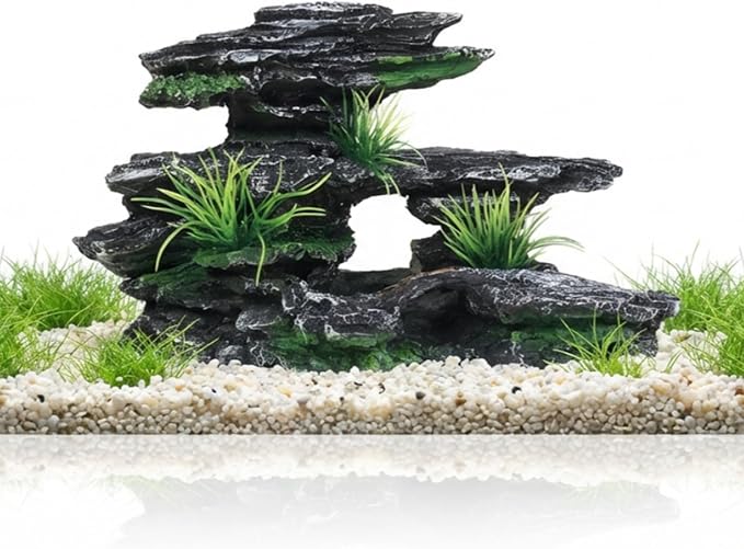 Aquarium Decor Mountain View Stone Ornament, Premium Landscape Fish Tank Decorations, Fish Tank Accessories, Ideal for Betta, Snails, Turtle, Hiding, Playing, Basking and Resting Spots