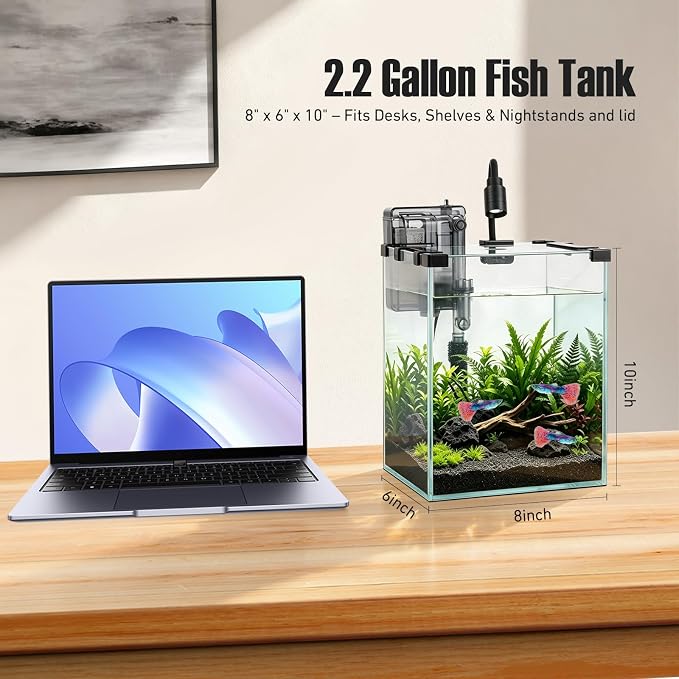 2.2 Gallon Small Glass Fish Tank Kit | Hang on Back Aquarium Filter, 3-Color LED Light, Glass Betta Fish Tank Kit with Removable Clear Lid and Non-Slip Mat