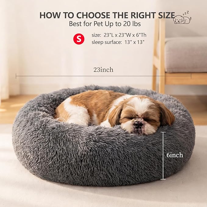 Calming Donut Dogs Beds for Small Dogs Washable,23inch Plush Round Pet Bed for Cozy Sleep,Fluffy Faux Fur Large Cat Bed,Fits up to 25 lbs Pets,Dark Grey