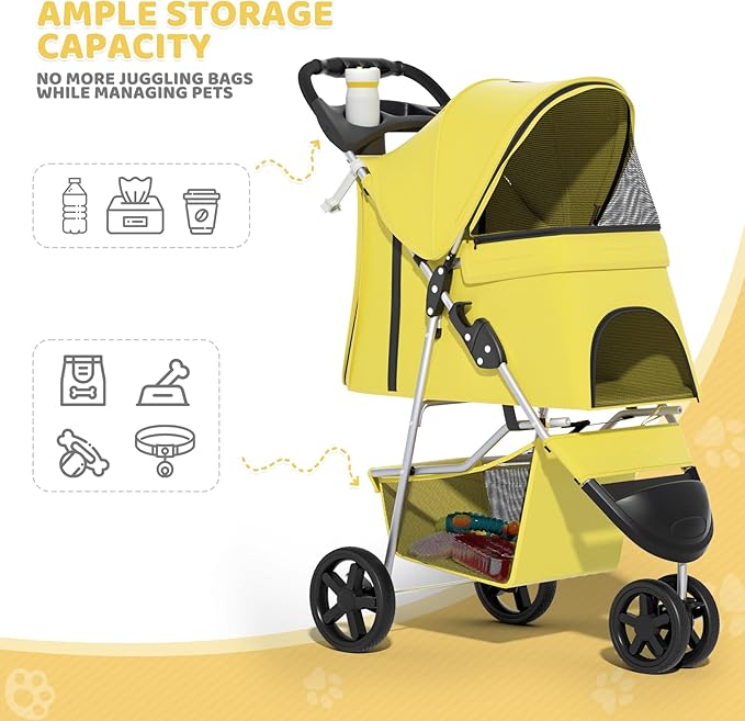 Magshion 3-Wheel Pet Stroller, Foldable Travel Jogger for Small & Medium Dogs & Cats (Up to 33lbs), Lightweight Carrier with Breathable Mesh Cover, Cup Holder & Storage Basket, Yellow
