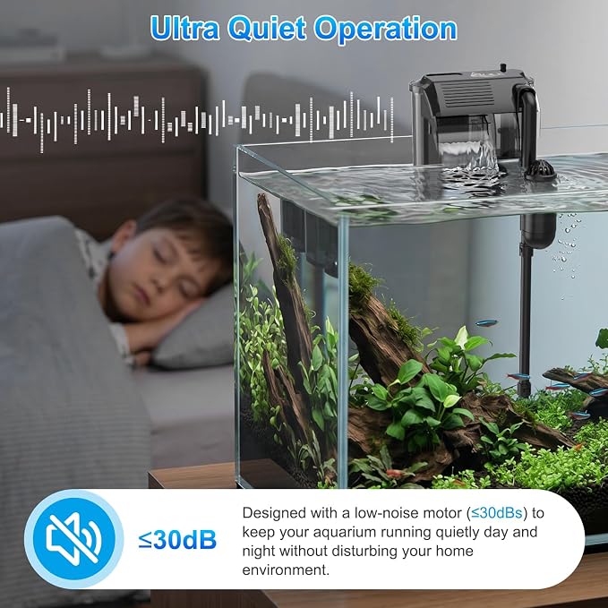 AQQA Aquarium Hang on Back Filter Whisper Fish Tank HOB Filter | Adjustable Flow, Multi-Stage Filtration with Surface Skimmer & Sponge Guard for Small Fish Tanks 4-21 Gallon (3W, 80GPH)