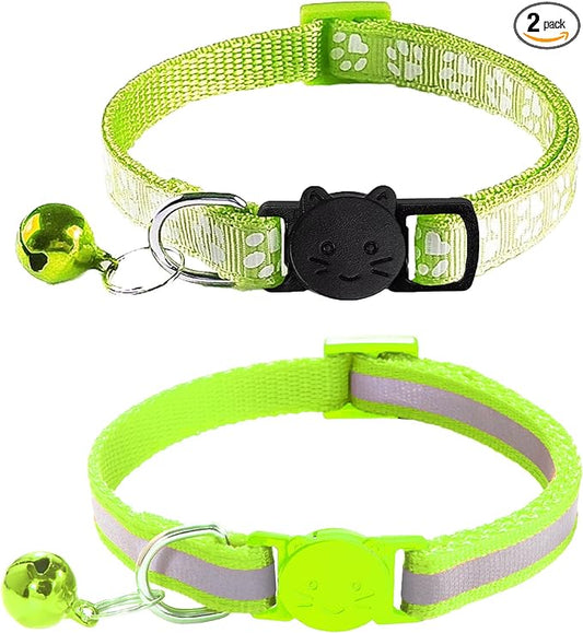 2 Pack Cat Collars - Reflective, Breakaway Design with Bells, Adjustable from 7.5 to 12.5 Inches, Ideal Kitten Collar for Both Girls & Boys (Fluorescent Green)