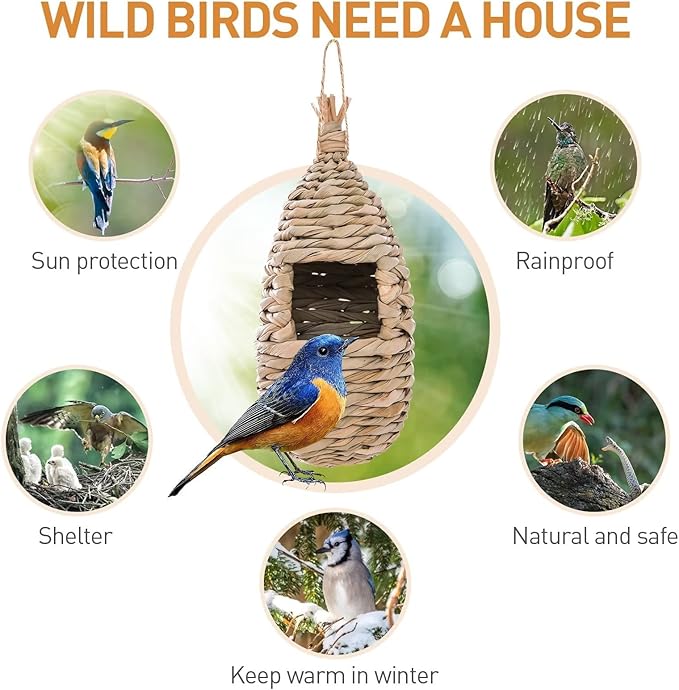 WDEFUN Humming Bird Houses for Outdoor Hanging, Natural Grass Bird Hut,Hand Woven Hummingbird Nest,Wren Finch Bird House for Garden Window Outdoor Home 3 Pack