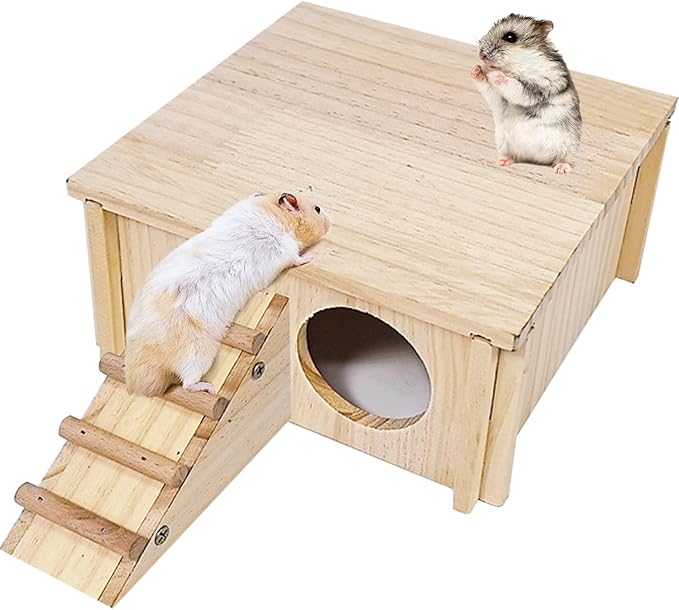 Hamster Wooden House with Ladder Hamster Wood Hideout Activity Platform Exercise Climbing Hut Natural Living Wood Room for Syrian Hamster Gerbil Mice Rat