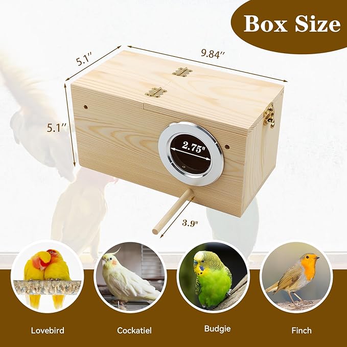 Natural Wood Bird Nesting Box,Acrylic Parakeet Nesting Box Transparent Cockatiel Nest House with Perch Wooden Parrot Nest for Lovebird Budgie Conure Canary Finch(Medium)