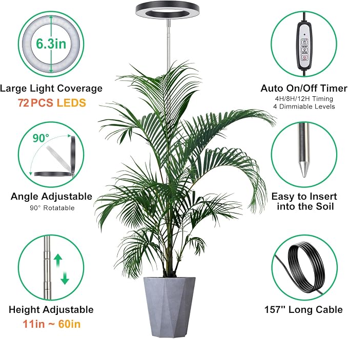 LORDEM Black Full Spectrum LED Grow Light, 72 LEDs, 4 Brightness Settings, Auto On/Off Timer, Height Adjustable, Ideal for Large Plants | 72 LEDs Plant Light, Auto Timer 4/8/12H, 4 Dimmable Levels, Height Adjustable 9.8-65 inch, Ideal for Tall Houseplants