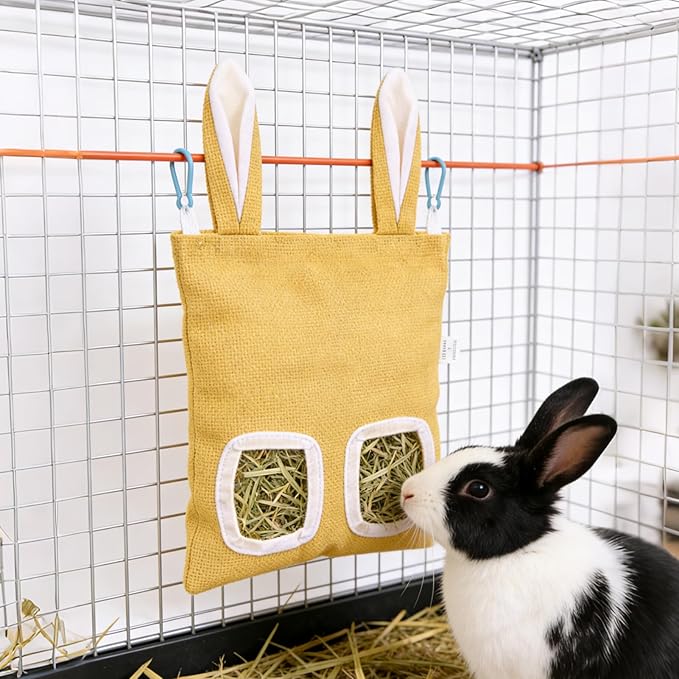 2 Pack Rabbit Guinea Pig Hay Feeder, Cute Bunny Hay Bag, Hanging Hay Holder for Guinea Pig Cage, Hay Feeder for Rabbits Chinchillas Hamsters Small Pets and Animals (Yellow & Blue)