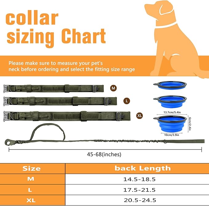 HYDEME Tactical Dog Collar Adjustable Nylon Collar with Control Handle and Heavy Metal Buckle for Medium and Large Dogs, with Patches&Airtags Case&Poop Bag Dispenser&Portable Bowl. (XL, Green-Set)