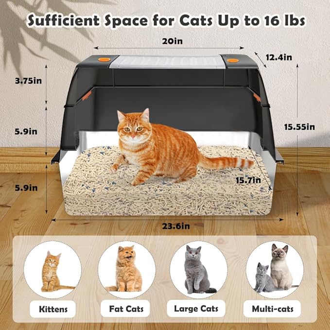 Vivifying Stainless Steel Litter Box, XL Side Entry Extra Large Litter Box with Lid for Big Cats & Kitty, Removable Enclosed Metal Cat Pan with High Sided Enclosure, Scoop (Black)
