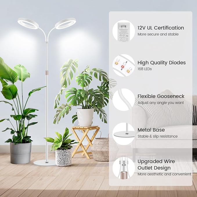 Plant Lights Indoor, Dual-Head Full Spectrum with Stand, 168 LEDs | 6000K Floor Grow Light, 3 Color Modes, Timer 6/12/16H, 5 Dimmable Levels, 67'' Adjustable Height, Gooseneck