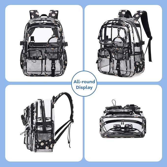 Clear Backpacks for Stadium Events Heavy Duty Clear Bookbag for School Girls Transparent Back Pack, Black