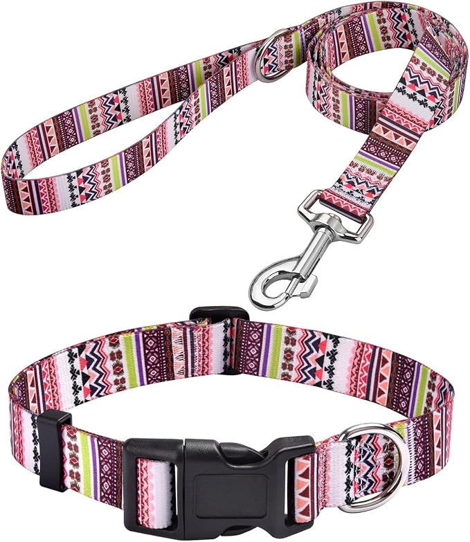 MarukoPet Dog Collar and Leash Set, Adjustable for Small Medium Large Dogs Puppy, Cute Design with Bohemia Floral Tribal Geometric Patterns Boys Girls Dog Collar(Pink Bohemia Set,S)