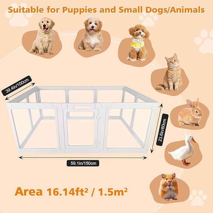 Clear Acrylic Plastic Dog Playpen with Door, 23.6"H Transparent DIY Puppy Cat Pet Play Pen, Modular Fence for Dog, Cat, Pig, Rabbit, Ferret, Easy Assemble Dog House Crate Kennel Whelping Cage