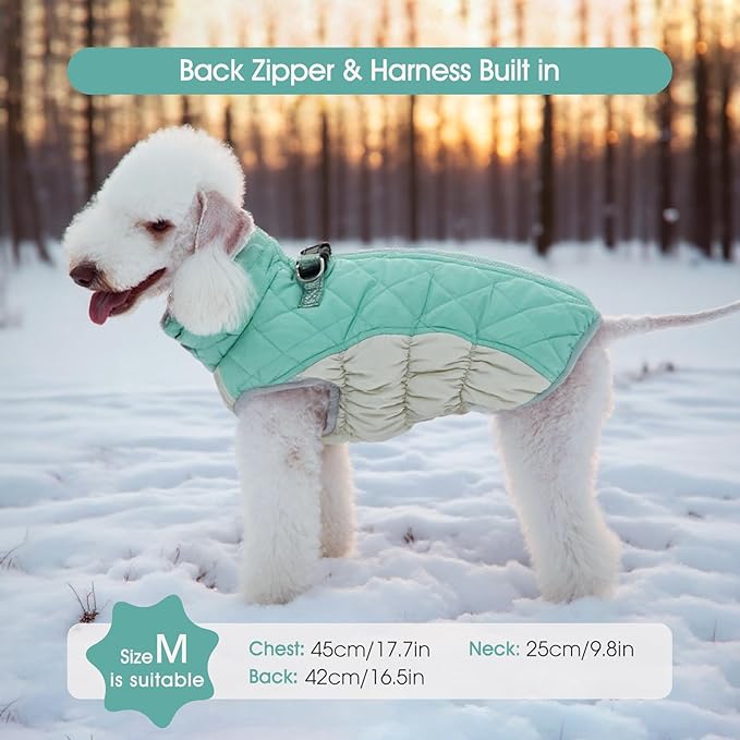 FUAMEY Dog Coat for Large Dogs,Waterproof Dog Winter Jacket with Harness Built in Puppy Cold Weather Coats Reflective Pet Vest with Zipper Warm Fleece Dogs Snowsuit Windproof Mint Green L