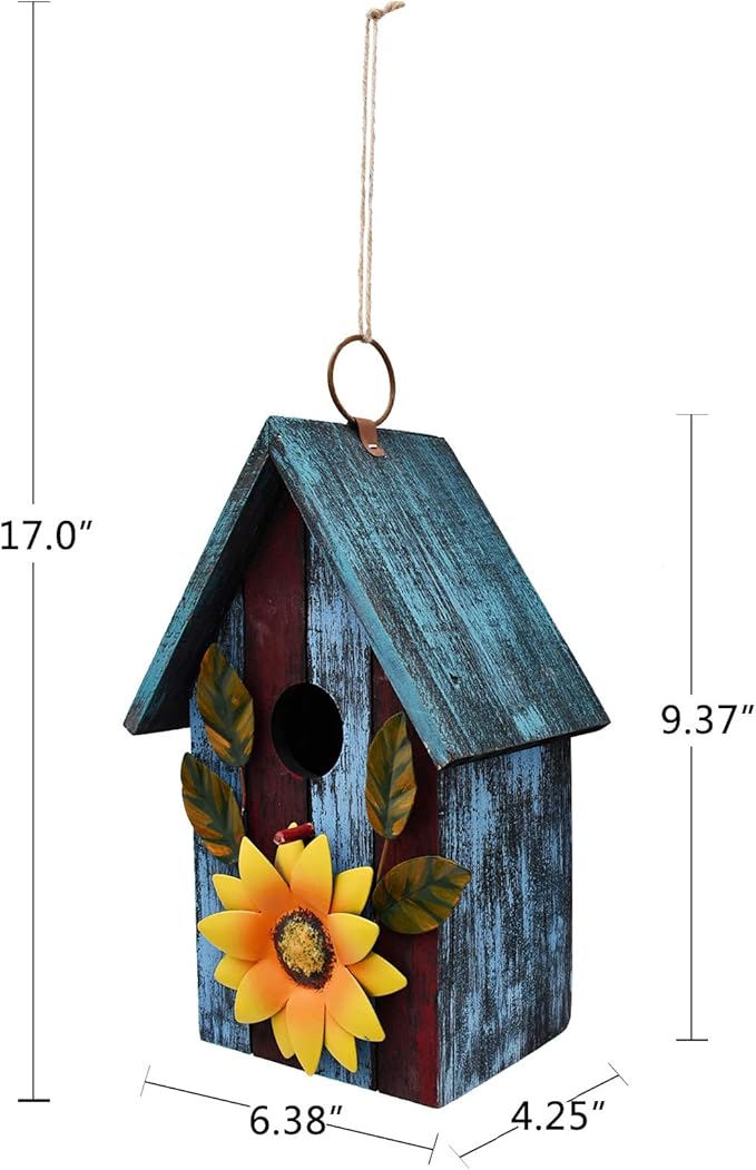 Linfevisi Wooden Bird House Bluebird Nest Box Birds Boxes Home Wood Birdhouses Hanging Outdoor Decorative for Wren Finch Chickadee Sparrows Cardinals Garden Tree 9.37 Inch Tall(Blue)