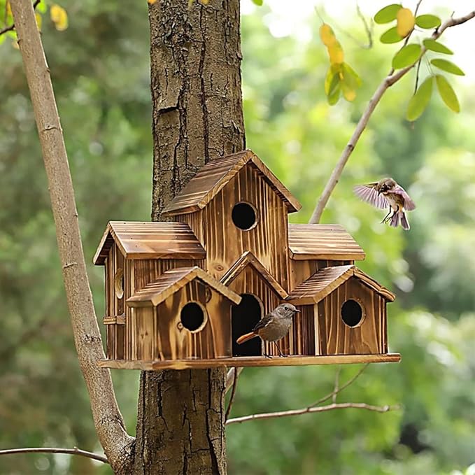 6 Hole Handmade Bird House, Bird Houses for Outside, Hummingbird House, Hanging Nest Box for Birds, Outdoor Wooden Birdhouses for Outside, Backyard, Garden, Patio, Nature Lovers Gift (1pcs)