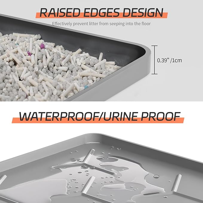 Bulkniu Silicone Cat Litter Mat with Raised Edges, Waterproof/Urineproof, Litter-Collecting Interior Ridges, Soft & Pet-Friendly (24"x16"-Grey)