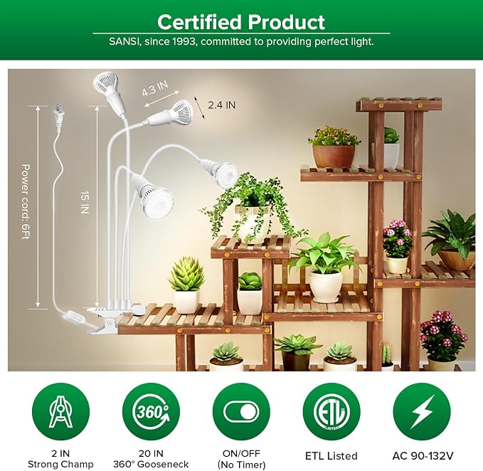 SANSI Grow Lights for Indoor Plants, 40W Clip-On Gooseneck LED Plant Lights | Lifetime Free Bulb Replacement, Plant Lights for Indoor Growing, 4-Head No Timer, Full Spectrum LED Grow Light, High PPFD