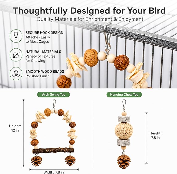 2 Pack Natural Bird Toys Set - Prickly Ash Wood Arch Swing with Walnuts & Cuttlebone - Sola Ball Shreddable Toy with Beak Grinding Pumice Stone, Cage Accessories for Cockatiel, Conure, Parakeets