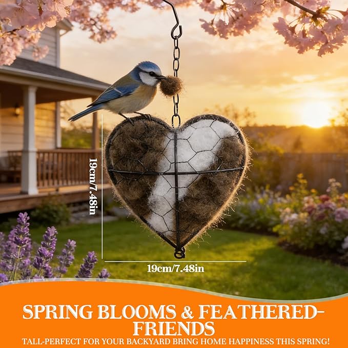 Handmade Alpaca Fiber Bird Nesting Heart–Refillable Natural Nesting Material Holder for Wild Birds,Hummingbirds&Chickadees,Winter Shelter&Garden Decoration,Spring and Summer Fowl Gifts for Bird Lovers