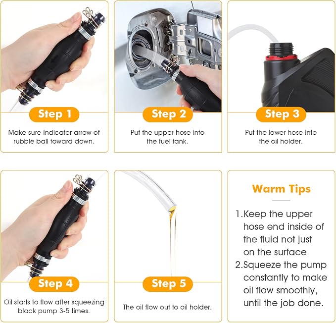 H-veenjor Gasoline Siphon Hose Pump, Hand Water Transfer Pump | Gas Siphon Pump for Water Oil Petrol Diesel, Manual Fuel Pump with 2 Premium PVC for Lawnmover Motocycle Tractor Fish Tank