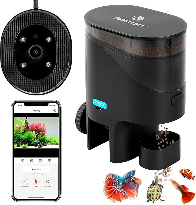 fishkeeper Automatic Fish Feeder for Aquarium Flakes, WiFi (2.4G/5.0G) & APP Control - Auto Fish Food Dispenser/Betta Fish Feeder with HD 2.5K Camera and Timer, Aquarium Feeder for Turtle Koi Tanks