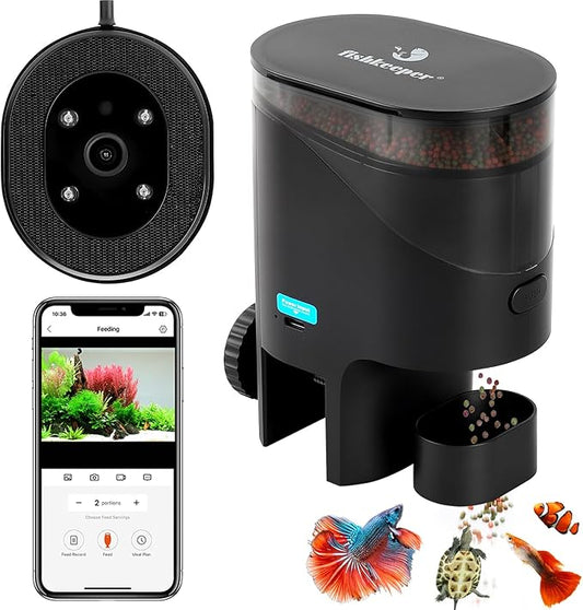 fishkeeper Automatic Fish Feeder for Aquarium Flakes, WiFi (2.4G/5.0G) & APP Control - Auto Fish Food Dispenser/Betta Fish Feeder with HD 2.5K Camera and Timer, Aquarium Feeder for Turtle Koi Tanks