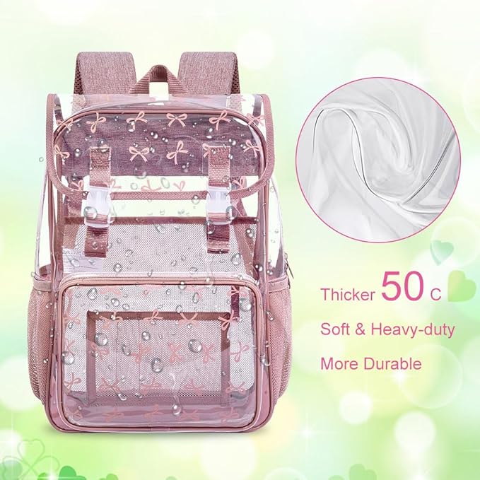 17" Bow Clear Backpack for Girls - 3Pcs Flip Design Stadium Approved Set, Campus/School Transparent Bookbag (Pink)