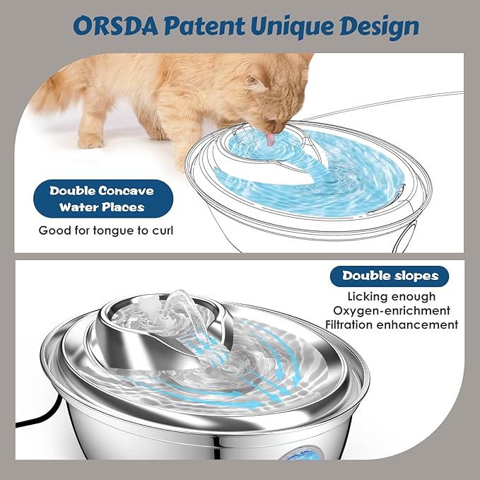 ORSDA Stainless Steel Cat Water Fountain, Automatic Pet Drinking Fountain, 67oz/2L Dog Pet Water Dispenser with Visual Water Level Window for Cats and Small Dogs- 9Pcs Filters (D36)