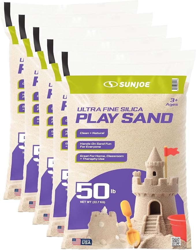 Sun Joe 5 Pack Silica Play Sand for Sandbox, Sensory Table & Garden Spaces, Ultra Fine, 50 Lbs - Natural Craft Accessory for Molding, Digging & Sculpting - Ideal for Indoor and Outdoor Use