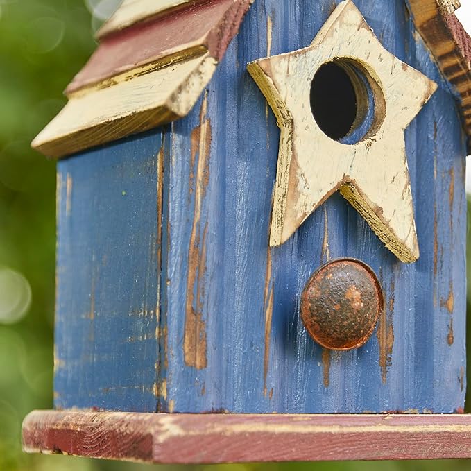 Glitzhome Birdhouses for Outdoors, 9" H Patriotic Hanging Bird House Distressed Solid Wood Cottage Design with 3D Star, Garden Birdhouse for Bluebird Hummingbird Wren Finch Cardinals Cedar