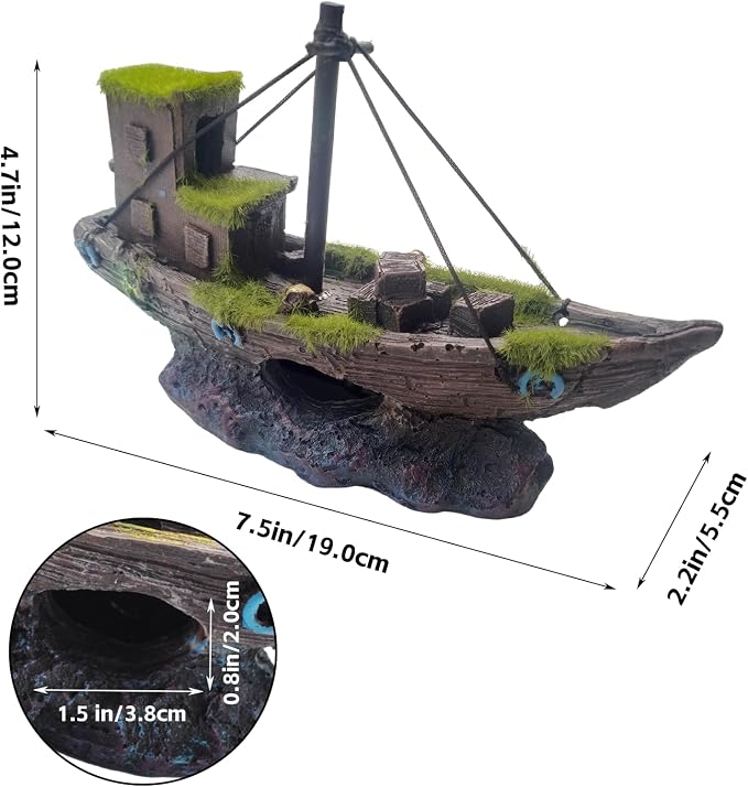 kathson Betta Fish Tank Shipwreck,Aquarium Sunken Ship Decorations Resin Sunken Boat with Cave Hideouts Fish Tank Shipwrecks Decor Saltwater Freshwater Aquarium Ornaments for Hiding Accessories