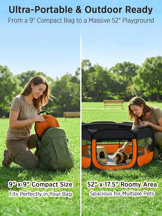 UWE Extra Large Small Animal Playpen, XL Portable Pet Playpen for Rabbit, Kitten, Guinea Pig, Hamster, Puppy – Waterproof Foldable Mesh Tent with Zipper Cover, Indoor Outdoor Use, Orange