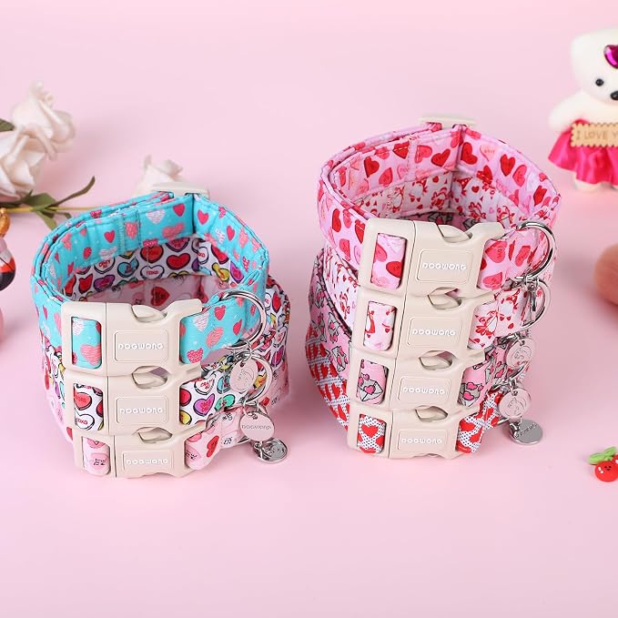 DOGWONG Valentine's Dog Collar - Pink Heart Adjustable Cotton Heart Dog Collar - Perfect for Large Dogs