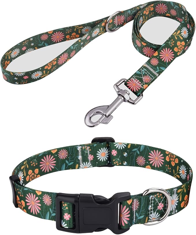Mihqy Dog Collar and Leash Set with Bohemia Floral Tribal Geometric Patterns - Soft Ethnic Style Collar Adjustable for Small Medium Large Dogs(Dark Green Flower Set,S)