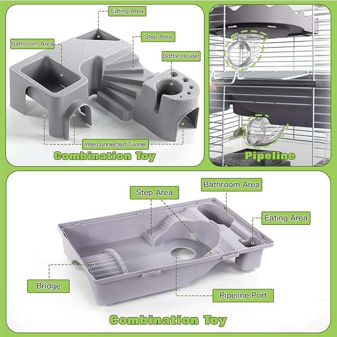 3-Tier Hamster Cage Starter Kit 18″Lx11″Wx23″H for Dwarf Hamsters Only with 2 Platforms, 3 Tube Ports, Bathtub, Food Bowl, Steps, 2 Silent Wheels, 3 Doors, House, Water Bottle