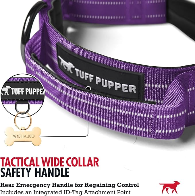 Tuff Pupper Tactical Dog Collar | Heavy Duty 1.5" Wide Ballistic Nylon | Training Control Handle | Quick-Release Metal Buckle | Reflective Bands | ID Tag Holder | Padded Inner Lining (Purple, Large)