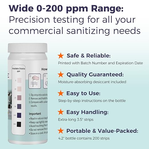 200 Chlorine Test Strips for Food Services, 0-200 ppm Sanitizer Test Kit for Kitchen Supplies, Restaurant, Bars, Hotels, Food Trucks, Precise Bleach Test Strips, Easy to Use and Fast Results