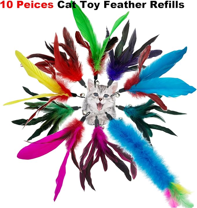 CATENESS Cat Feather Toys Refills, 10 Pieces Cat Wand Replacement Feathers Toy for Indoor Cats